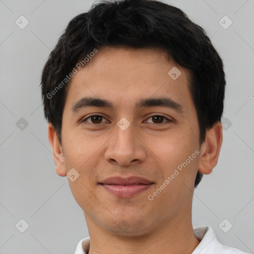 Joyful latino young-adult male with short  black hair and brown eyes