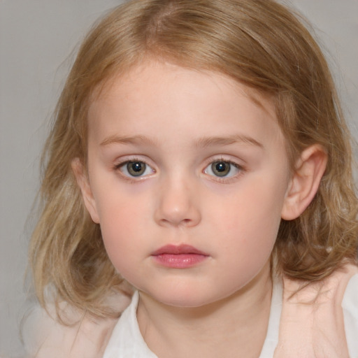 Neutral white child female with medium  brown hair and blue eyes