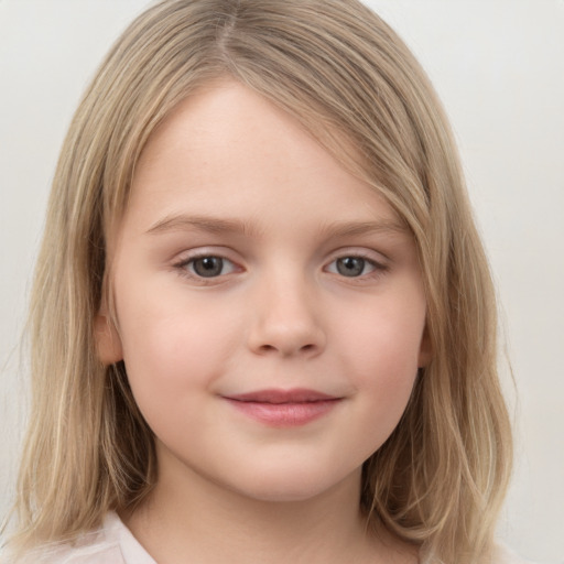 Joyful white child female with medium  brown hair and grey eyes