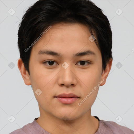 Neutral white young-adult female with short  brown hair and brown eyes
