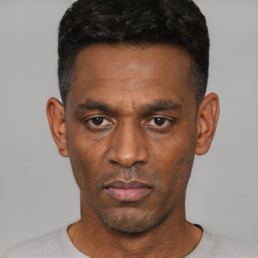 Neutral black adult male with short  black hair and brown eyes