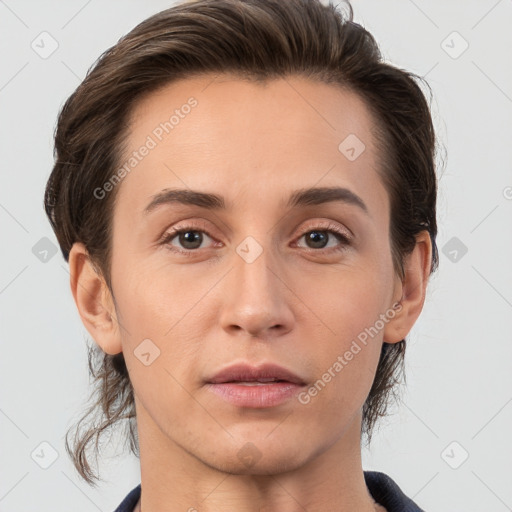 Neutral white young-adult female with medium  brown hair and brown eyes