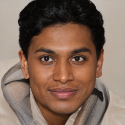 Joyful black young-adult male with short  brown hair and brown eyes