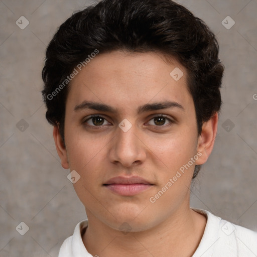 Neutral white young-adult male with short  brown hair and brown eyes