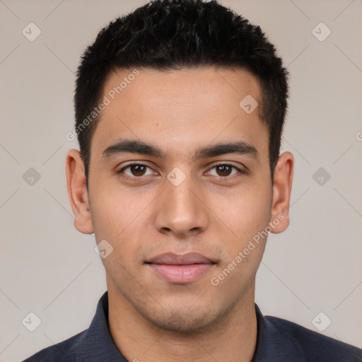 Neutral white young-adult male with short  black hair and brown eyes