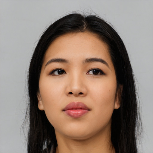 Neutral asian young-adult female with long  black hair and brown eyes