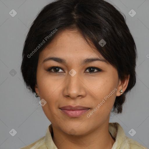 Joyful latino young-adult female with medium  brown hair and brown eyes