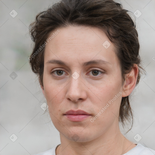 Neutral white young-adult female with medium  brown hair and grey eyes