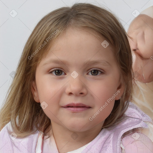 Joyful white child female with medium  brown hair and blue eyes