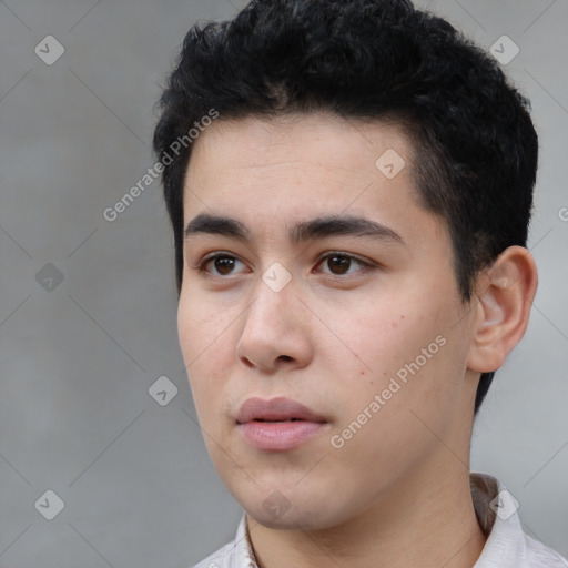 Neutral white young-adult male with short  black hair and brown eyes