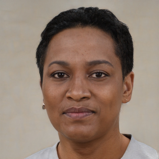 Joyful black young-adult female with short  black hair and brown eyes