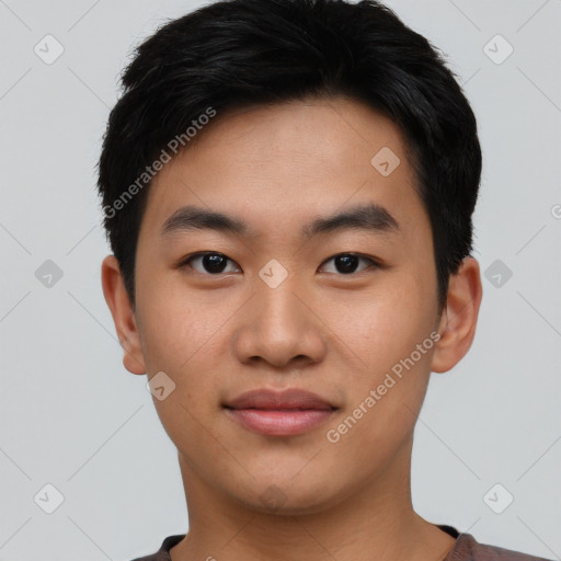 Neutral asian young-adult male with short  black hair and brown eyes