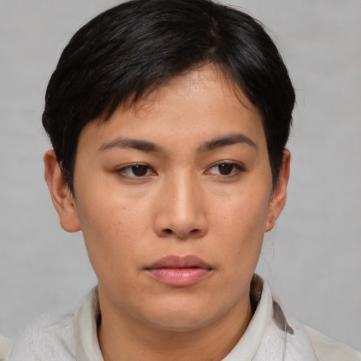 Neutral asian young-adult female with short  brown hair and brown eyes