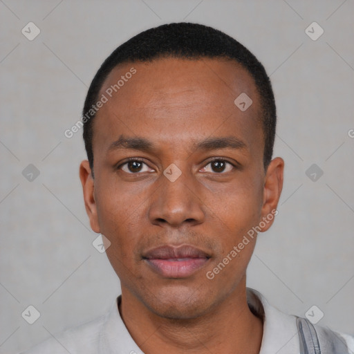 Neutral black young-adult male with short  black hair and brown eyes