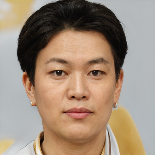 Neutral asian young-adult male with short  brown hair and brown eyes