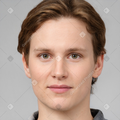 Joyful white young-adult female with short  brown hair and grey eyes