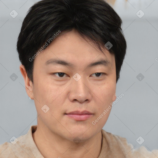 Neutral asian young-adult male with short  brown hair and brown eyes