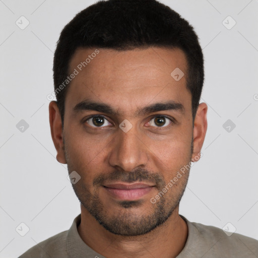 Joyful white young-adult male with short  black hair and brown eyes