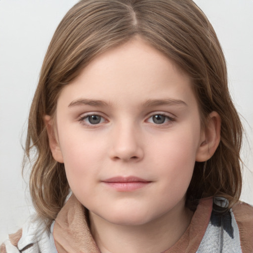 Neutral white child female with medium  brown hair and grey eyes