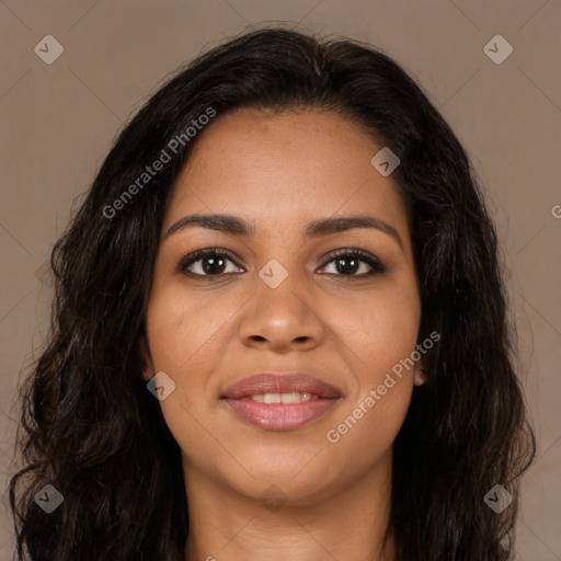 Joyful latino young-adult female with long  brown hair and brown eyes