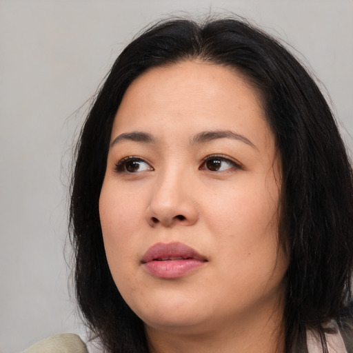 Neutral asian young-adult female with long  black hair and brown eyes