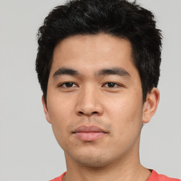 Neutral asian young-adult male with short  black hair and brown eyes