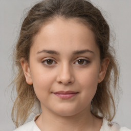 Joyful white child female with medium  brown hair and brown eyes