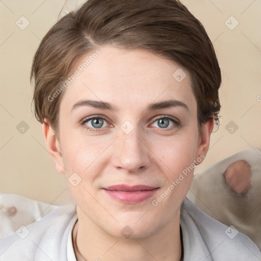 Joyful white young-adult female with medium  brown hair and grey eyes