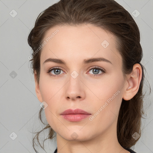 Neutral white young-adult female with medium  brown hair and grey eyes