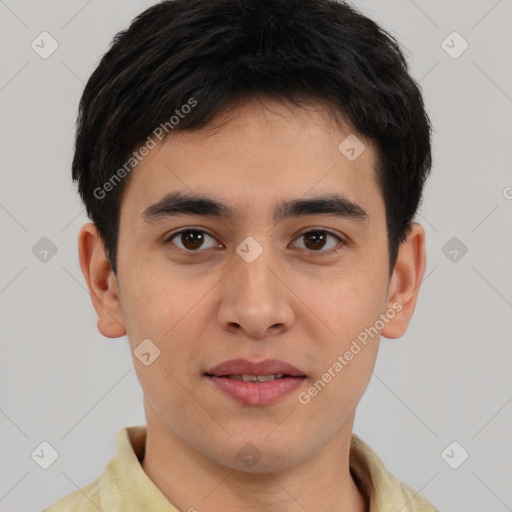 Joyful white young-adult male with short  brown hair and brown eyes