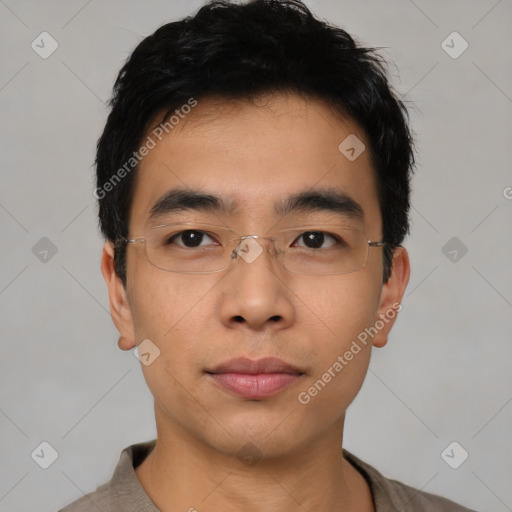 Neutral asian young-adult male with short  black hair and brown eyes