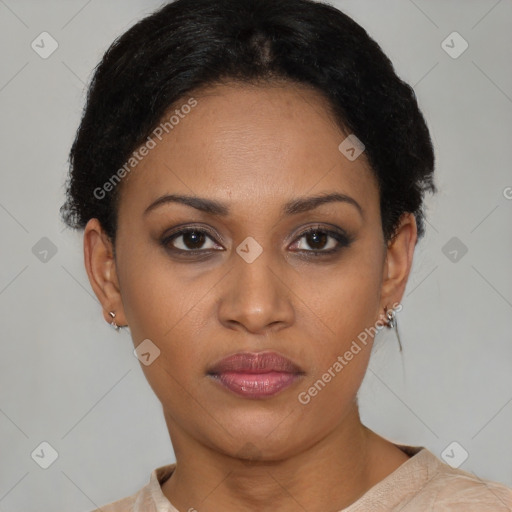 Joyful latino young-adult female with short  brown hair and brown eyes