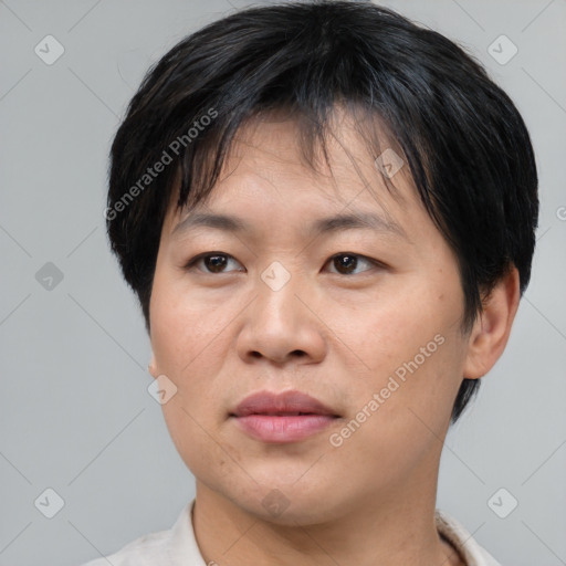 Joyful asian young-adult female with short  brown hair and brown eyes