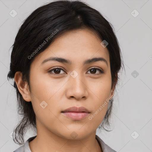 Neutral asian young-adult female with medium  brown hair and brown eyes