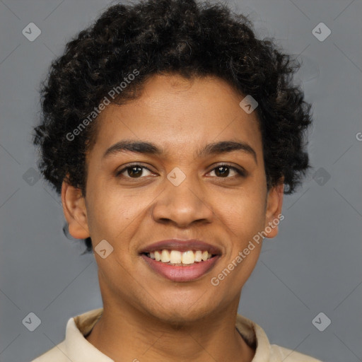 Joyful latino young-adult male with short  brown hair and brown eyes