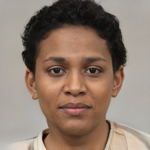 Joyful black young-adult female with short  brown hair and brown eyes