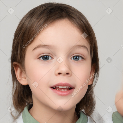 Joyful white child female with medium  brown hair and brown eyes