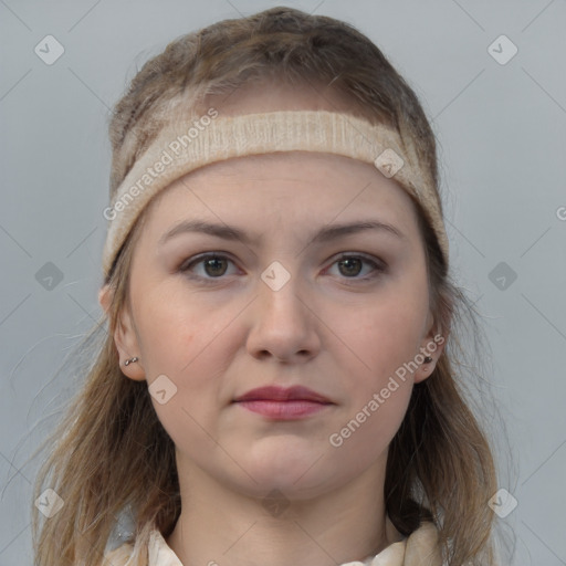 Neutral white young-adult female with medium  brown hair and grey eyes