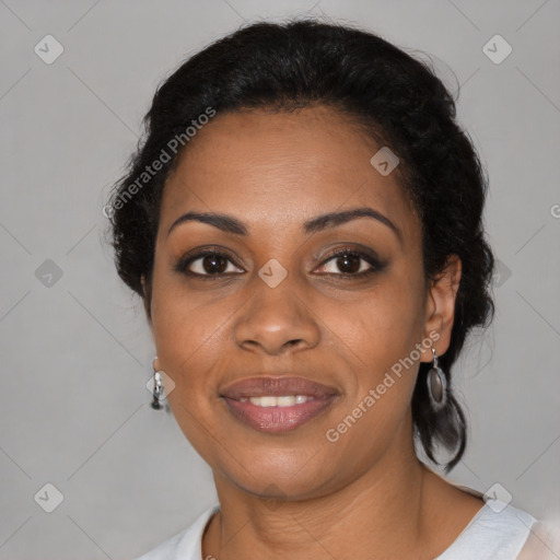 Joyful black young-adult female with medium  black hair and brown eyes