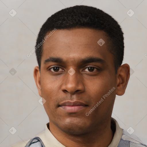 Neutral latino young-adult male with short  black hair and brown eyes