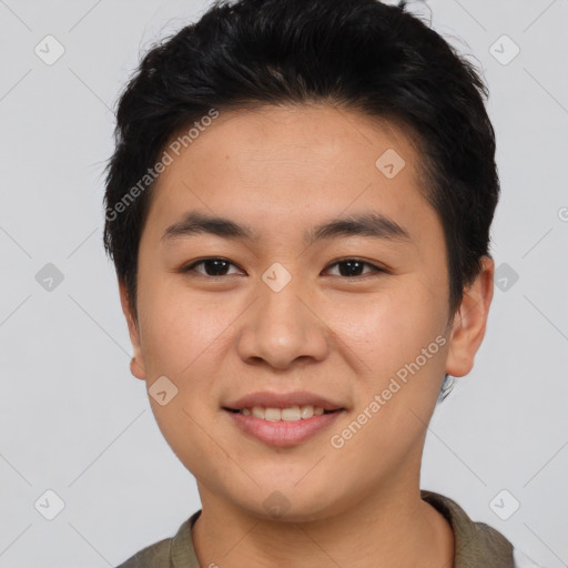 Joyful asian young-adult male with short  brown hair and brown eyes