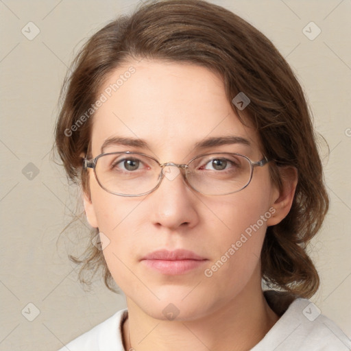 Neutral white young-adult female with medium  brown hair and brown eyes