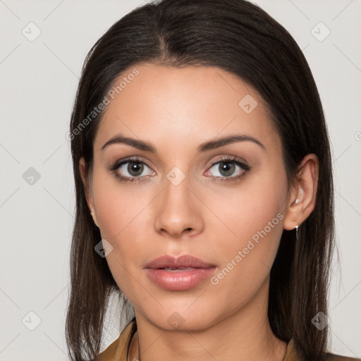 Neutral white young-adult female with long  brown hair and brown eyes