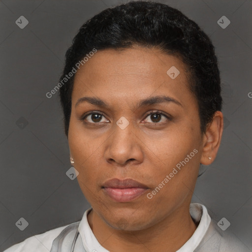 Neutral black young-adult female with short  brown hair and brown eyes