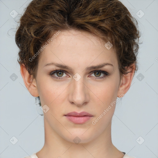 Joyful white young-adult female with short  brown hair and green eyes