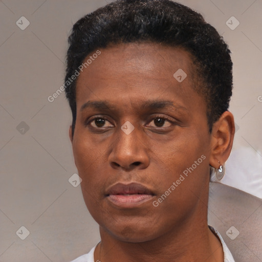 Neutral black young-adult male with short  black hair and brown eyes