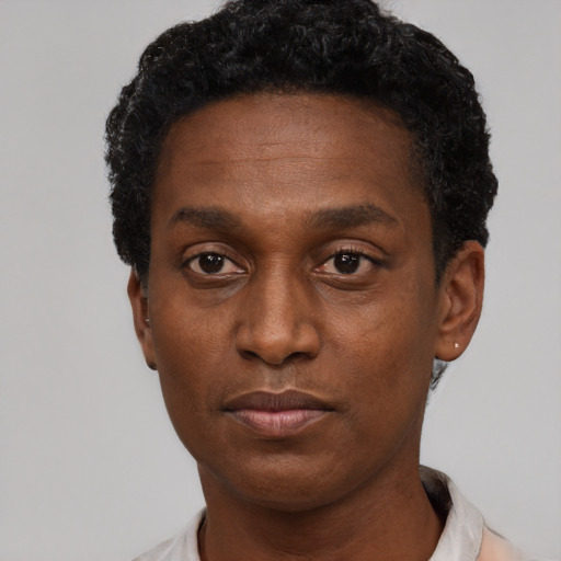 Neutral black young-adult male with short  black hair and brown eyes