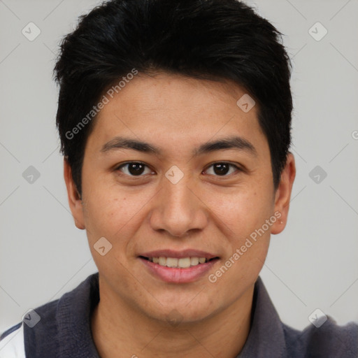 Joyful asian young-adult male with short  brown hair and brown eyes