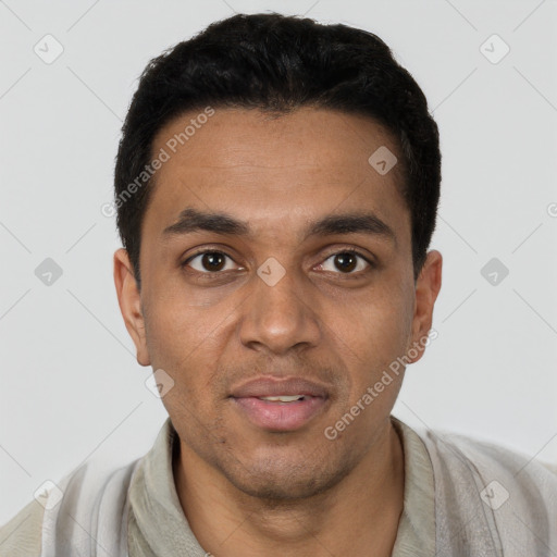 Joyful latino young-adult male with short  black hair and brown eyes