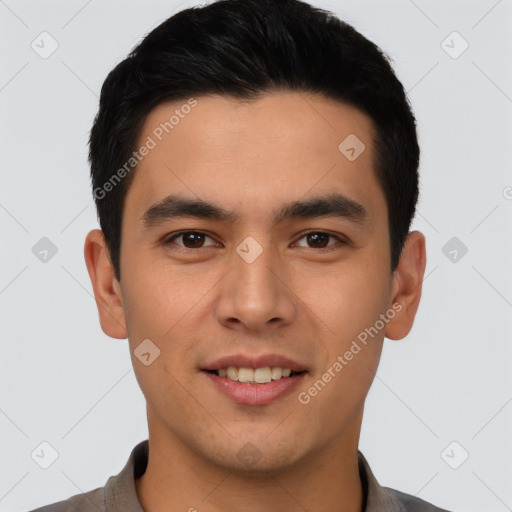 Joyful asian young-adult male with short  black hair and brown eyes